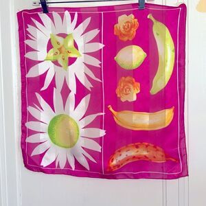 Bright pink, green, orange, yellow, white fruit‎ & floral square polyester scarf
